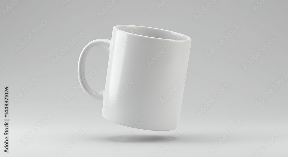 Obraz premium Floating White Ceramic Mug Mockup: Clean Product Display on Neutral Background, Minimalist Style, Emphasizing Purity and Modern Design for Commercial Use, Suitable for Branding Presentation.