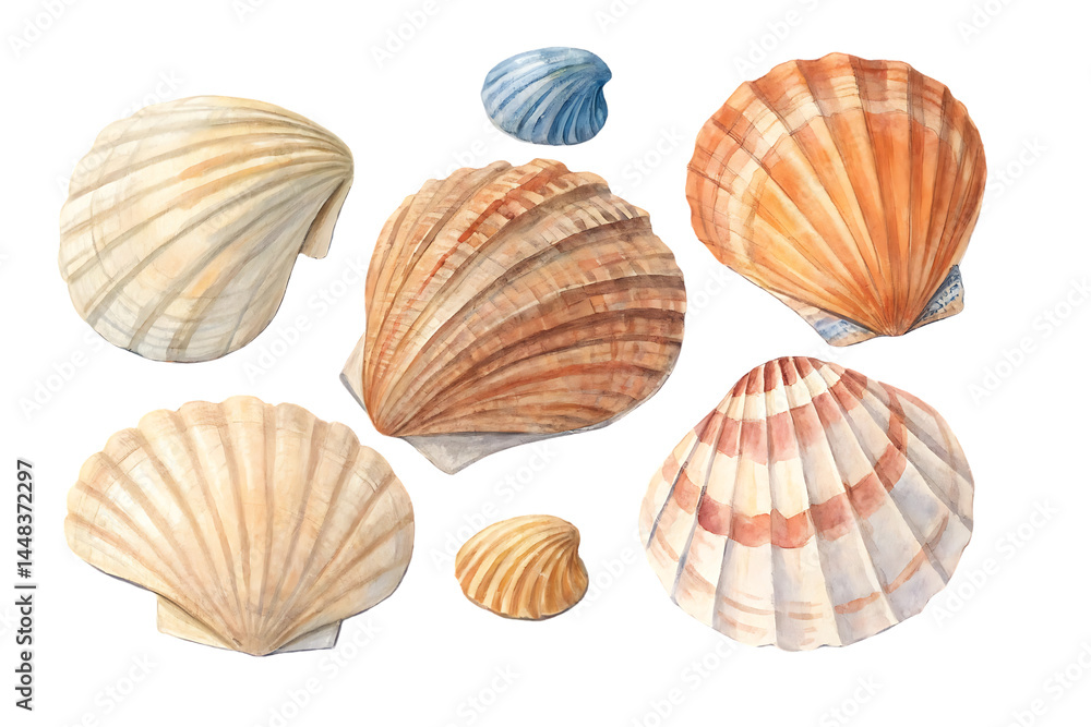 Watercolor Seashells Set Isolated on Black Background, Artistic Illustration of Marine Fauna. Watercolor Seashells Set Isolated on Black Background, Artistic Illustration of Marine Fauna.