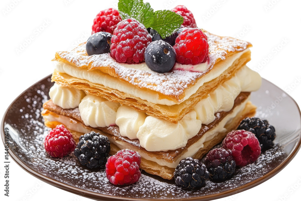 Isolated Mille Feuille Cake with Berries and Powdered Sugar Isolated Mille Feuille Cake with Berries and Powdered Sugar
