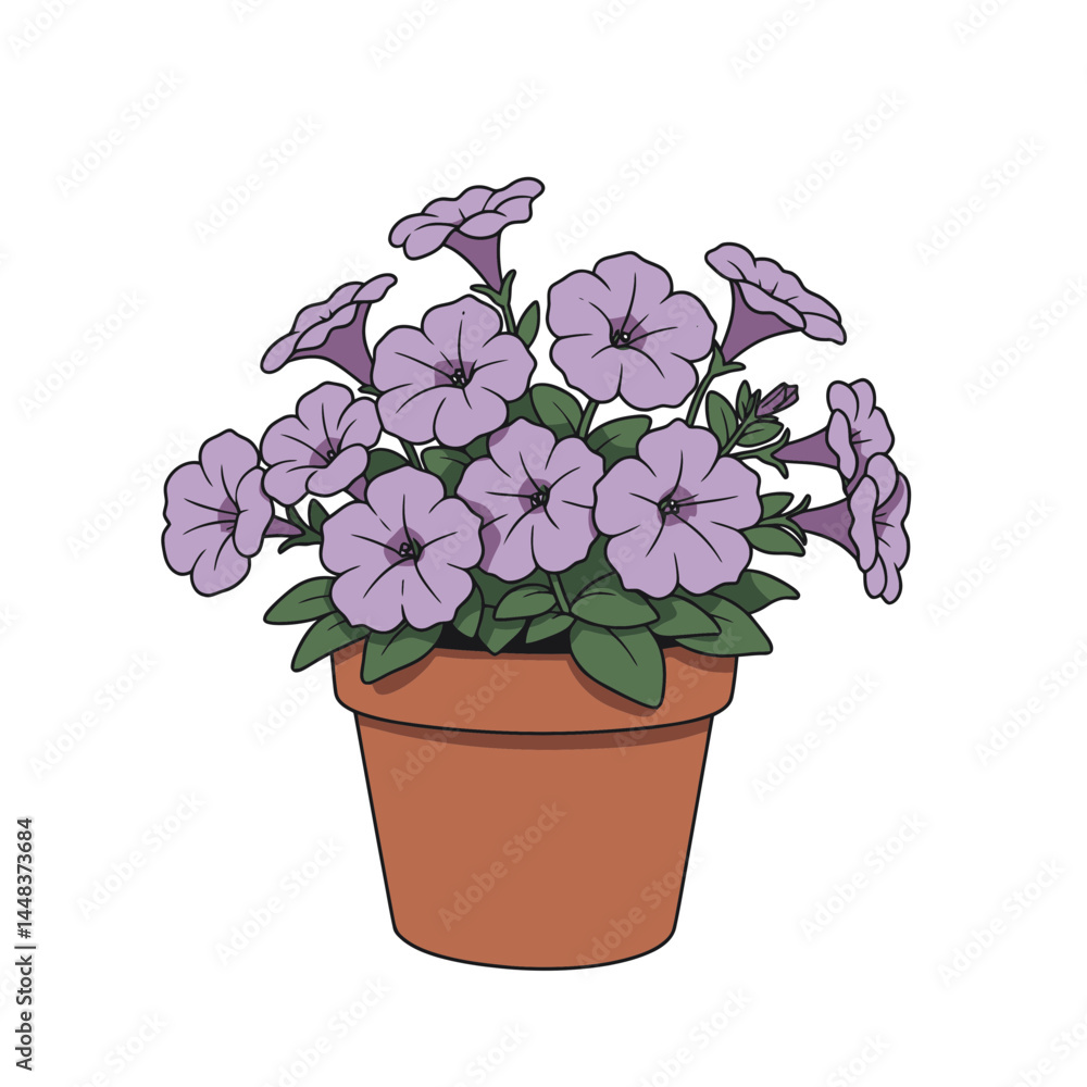 Naklejka premium Simple vector illustration of petunia plant with purple flowers in a terracotta pot, clean lines and isolated on white background; concept for garden, landscape, and interior design elements