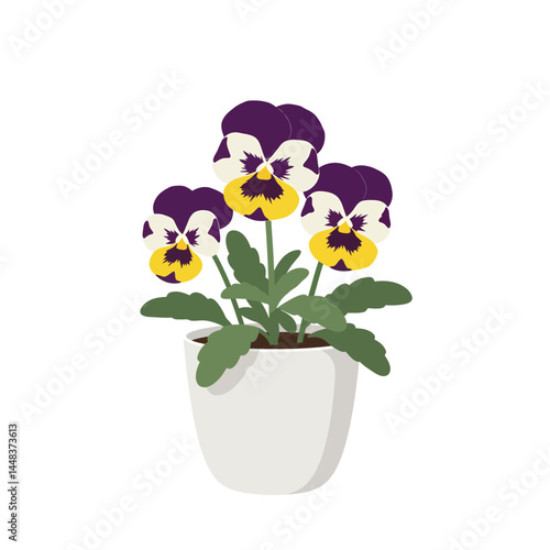 Simple vector illustration of three vibrant pansies in a ceramic pot on a white background, concept for interior design and gardening projects