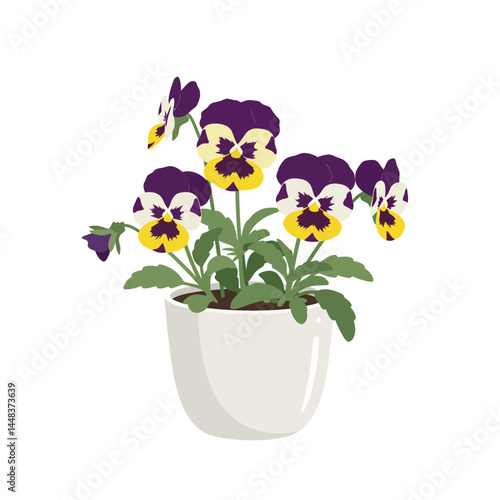 Simple vector illustration of pansy flowers in a ceramic pot, vibrant petals and leaves against a white background, concept for gardening, landscape design, and interior decoration