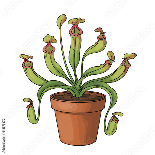 Simple vector illustration of a pitcher plant in a terracotta pot, isolated on white; concept for botanical illustration, gardening, and houseplant design
