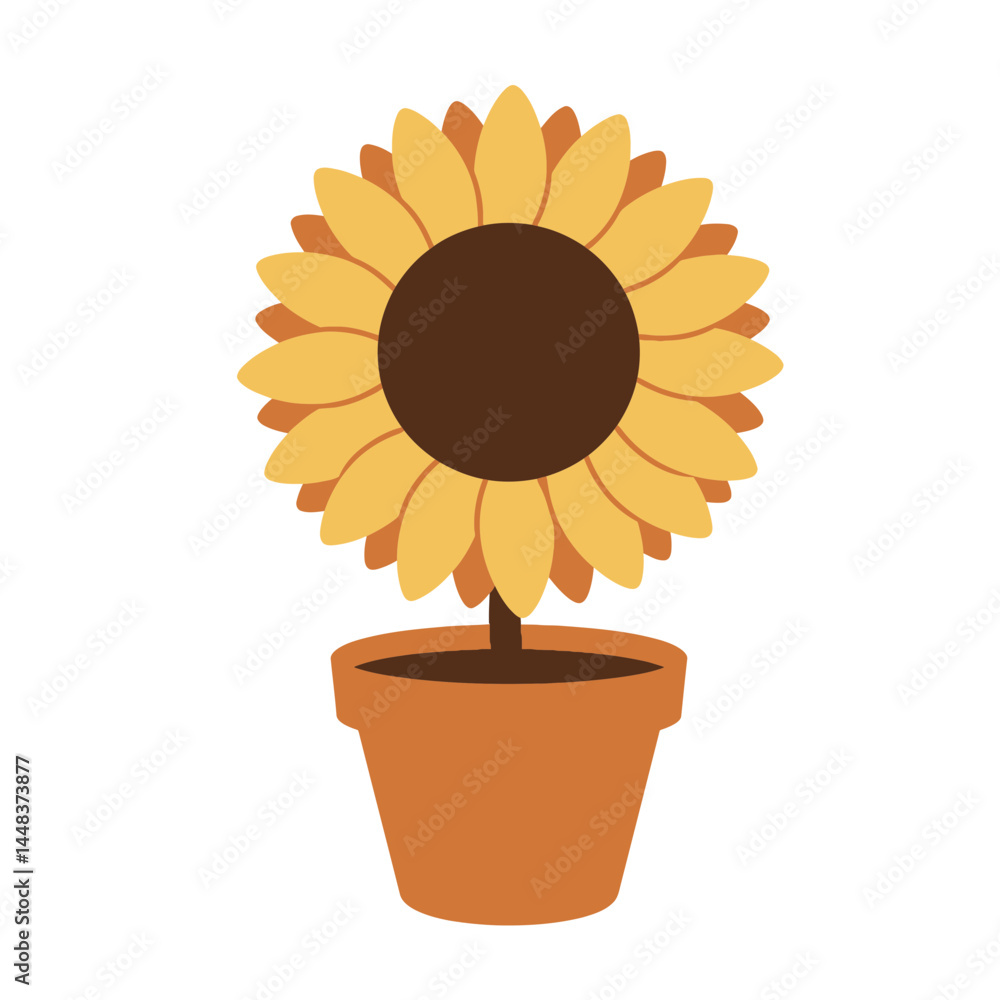Obraz premium Simple vector illustration of a sunflower in a terracotta pot against a white background, concept for garden design and home decor