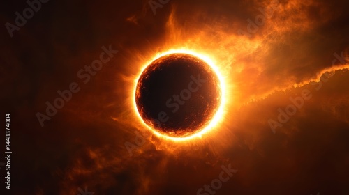 Ominous scene of solar eclipse with fiery backdrop and dramatic cloud formations.