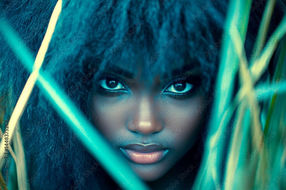 Commercial ad concept layout. Stunning calm black girl - for ads, print ad and web marketing use. Long haircut - gorgeous bush hair. Stylish black woman portrait photography. Long hair woman.