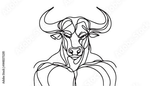 Continuous one single minimal line drawing bull