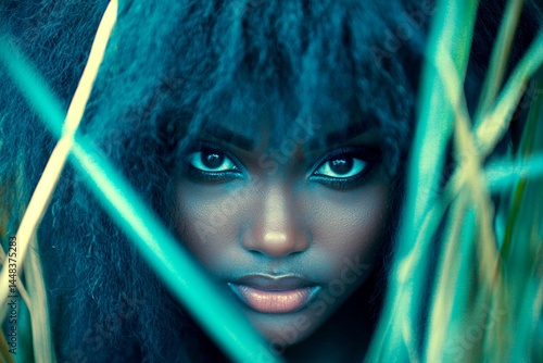 Obraz na płótnie Commercial ad concept layout. Stunning calm black girl - for ads, print ad and web marketing use. Long haircut - gorgeous bush hair. Stylish black woman portrait photography. Long hair woman. w salonie