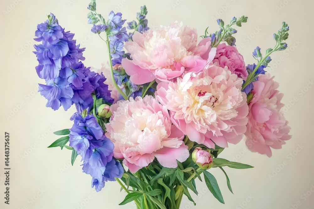 Fototapeta premium Pastel pink and blue flower bouquet arrangement.