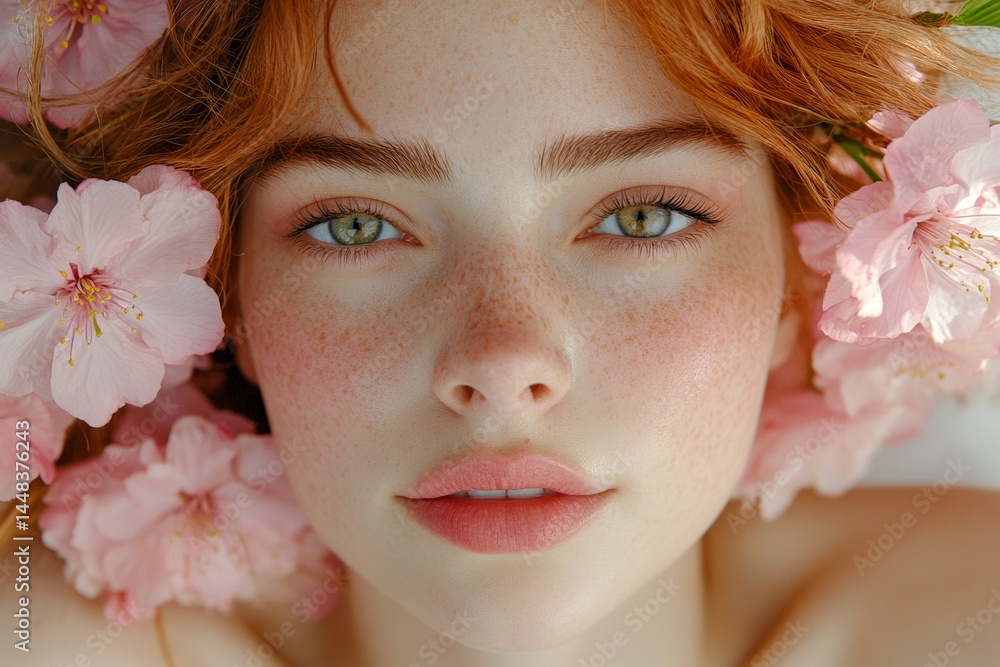 Spring mood, golden sunrise and fog. Commercial digital ads creative pattern. Gorgeous caucasian young woman surrounded by cherry blossoms. Joyful woman surrounded by cherry blossoms.