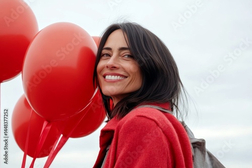 Obraz na płótnie Valentine's day greeting from woman or for woman. Stunning vivid image of stunning loving latin midlife woman - commercial promotion conceptual art. Valentine's day beauty. Bright love. w salonie