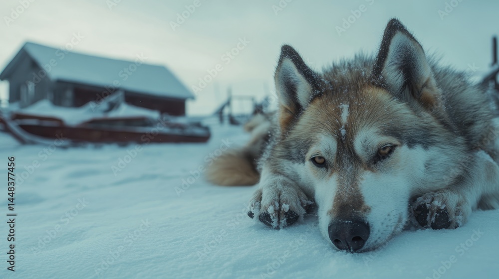 Fototapeta premium Snowy wolf resting in winter landscape
