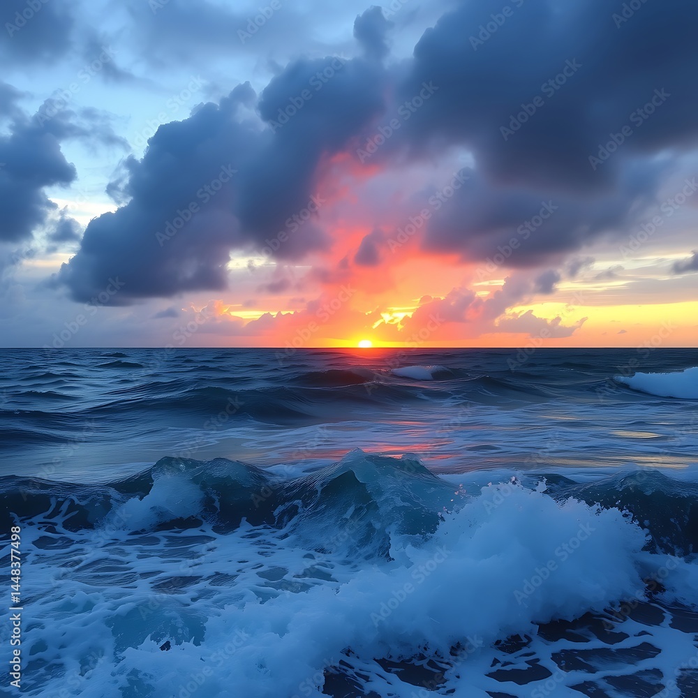 Fototapeta premium Dramatic sunset over ocean waves, creating an atmospheric seascape image