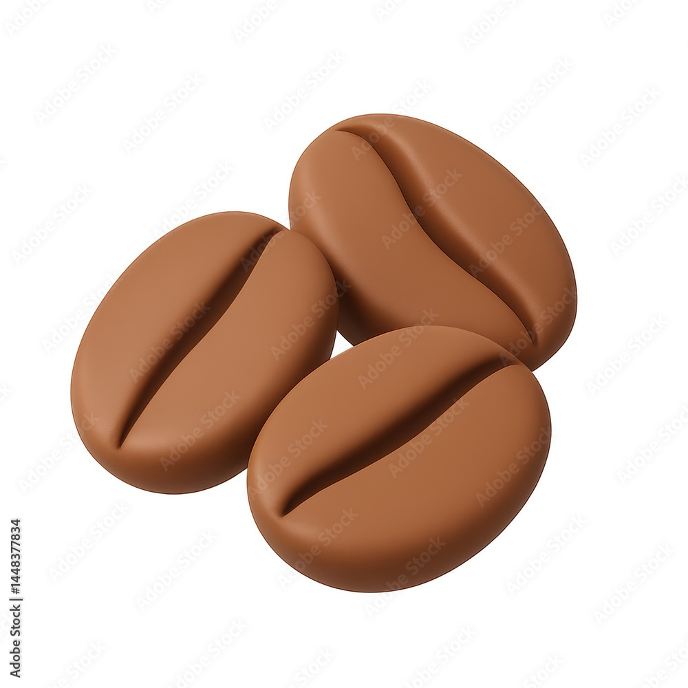 Fototapeta premium Roasted Coffee Beans: Three rich, dark roasted coffee beans, positioned for visual appeal. The beans are realistically rendered with visible texture and highlights.