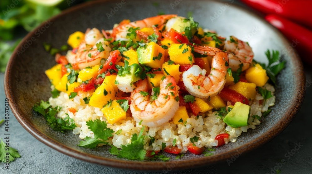 Gourmet shrimp tacos served with a side of tropical rice, topped with vibrant yellow peppers and avocados, garnished with fresh cilantro. Gourmet shrimp tacos served with a side of tropical rice, topped with vibrant yellow peppers and avocados, garnished with fresh cilantro.