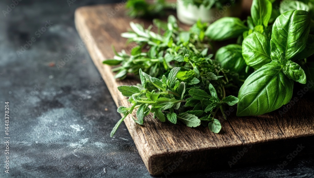 Fresh Herbs on Rustic Wooden Board: A Culinary Delight Fresh Herbs on Rustic Wooden Board: A Culinary Delight