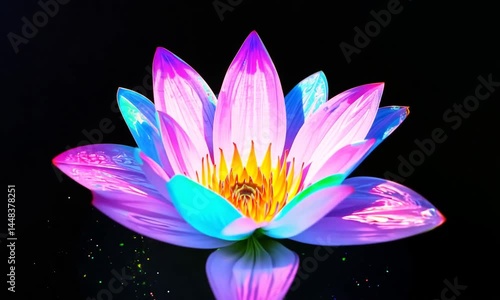 Vibrant neon lotus flower illuminated against a black background with colorful sparkles around