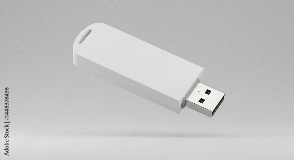 Minimalist White USB Flash Drive Hovering on Gray Backdrop, Illustrating Data Storage, Simplicity, and Modern Technology for Design Mockups Minimalist White USB Flash Drive Hovering on Gray Backdrop, Illustrating Data Storage, Simplicity, and Modern Technology for Design Mockups