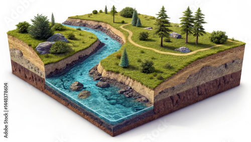 Isometric 3D Illustration of River Cross-Section with Terrain and Vegetation