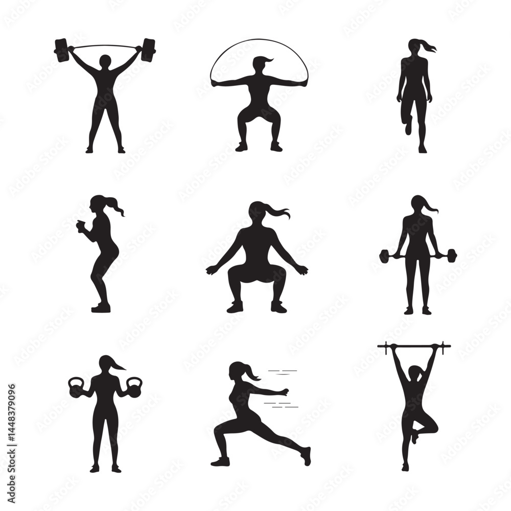 Naklejka premium Fitness silhouette illustrations featuring a woman doing various exercises like jumping, stretching, and lifting.