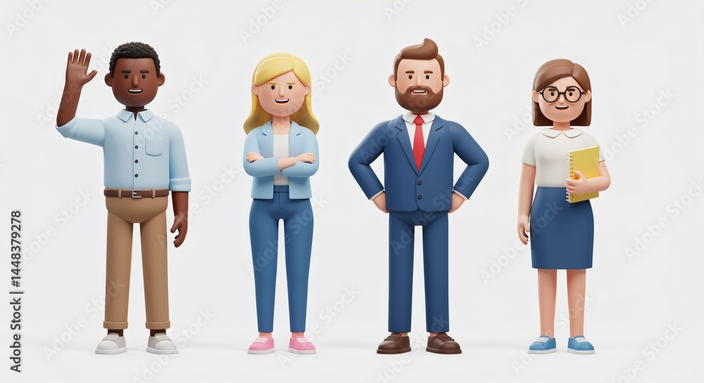 Obraz premium Diverse Team of Four Cartoon Characters in 3D Render for Business Concepts
