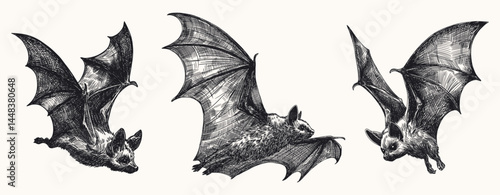 bats in flight set collection hand drawn sketch illustration different flying poses dynamic movement nocturnal creatures line art detailed card design vector element