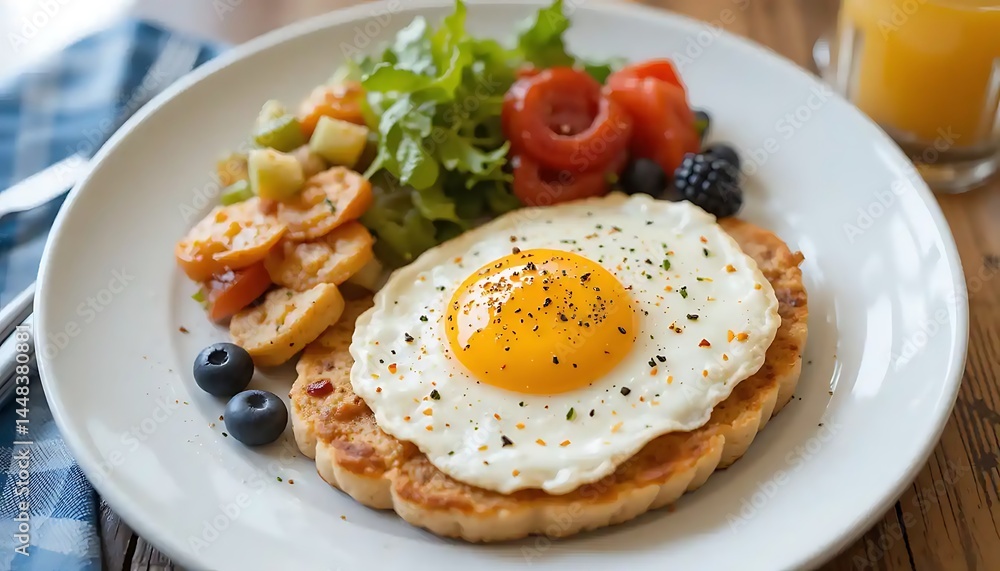 Nutritious start to the day: Egg, salad and fruit on a breakfast plate Nutritious start to the day: Egg, salad and fruit on a breakfast plate