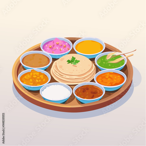 Traditional Indian Thali with Variety of Curries and Flatbread

