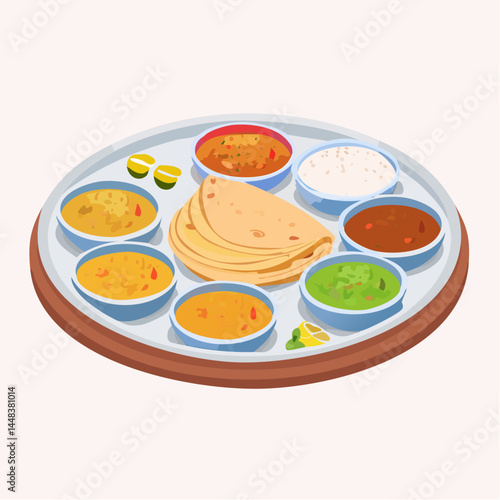 Traditional Indian Thali with Variety of Curries and Flatbread

