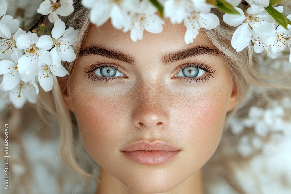 Pretty caucasian young woman surrounded by cherry blossoms. Spring mood, dark night and warm mystic light - complementary lighting. Commercial marketing idea art. Woman in bright spring garden.