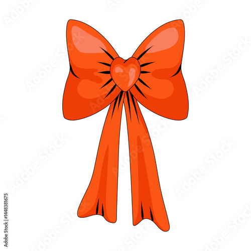 Red bow illustration with bow-knot in form of a heart. Love symbol. Dating, marriage, birthday decoration.