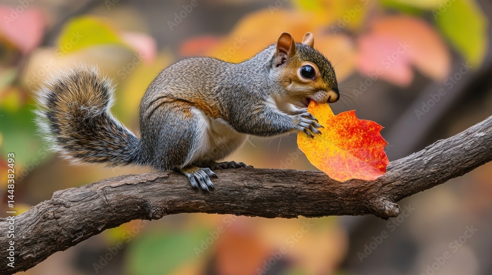 Gray squirrel eating autumn leaf Gray squirrel eating autumn leaf
