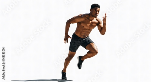 Muscular man in sportswear sprinting in front of white background