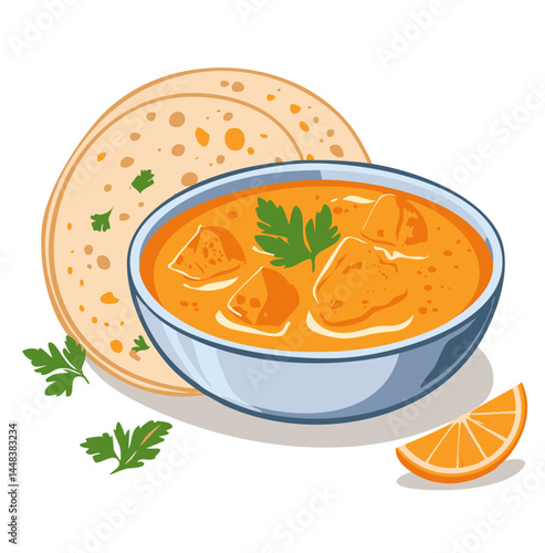 Indian Cashew Curry with Chapati – Traditional Vegetarian Meal Vector Illustration

