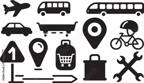 Black Travel and Transportation Icons on White Background

