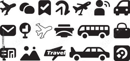 Black Travel and Transportation Icons on White Background

