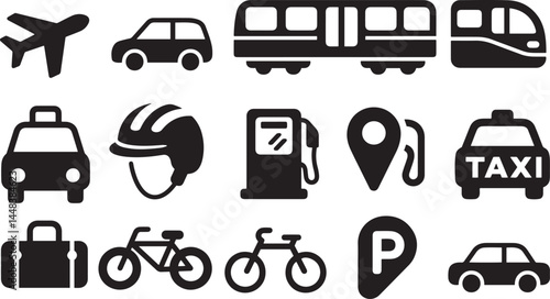 Black Travel and Transportation Icons on White Background

