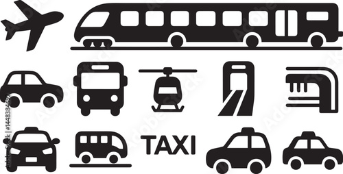 Black Travel and Transportation Icons on White Background

