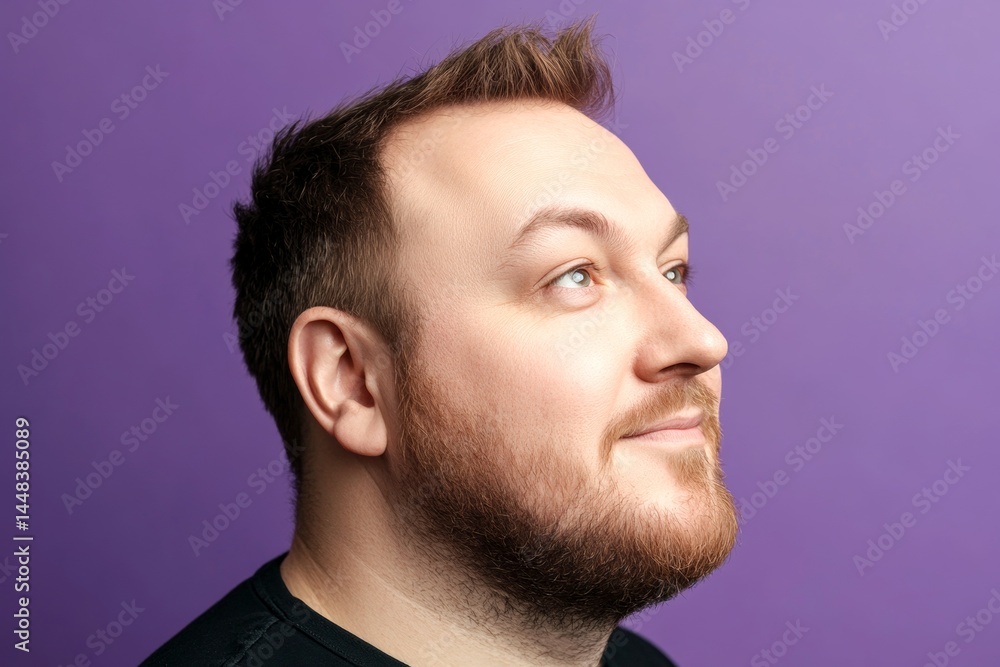 A masculine beauty with a relaxed and happy expression. Purple solid background. Trendy men's low fade haircut - midlife white man with hair. Conceptual art of style for aging men.