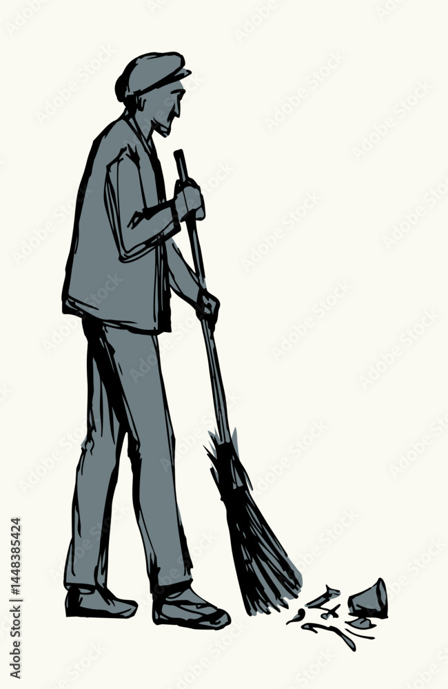 Vector Drawing. Janitor sweeping with a broom Vector Drawing. Janitor sweeping with a broom
