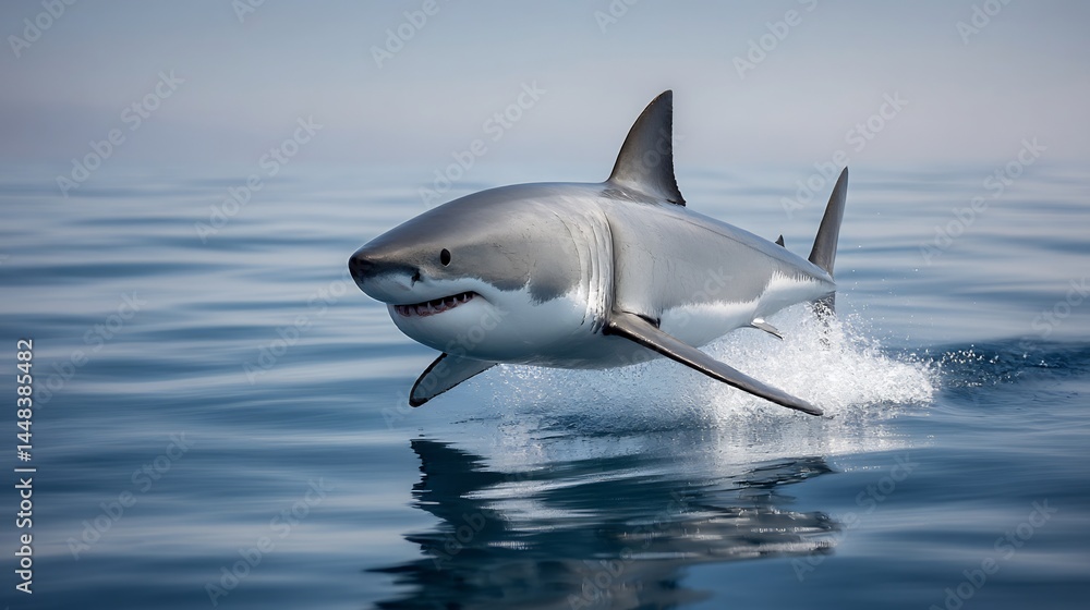Fototapeta premium Great white shark breaching the ocean surface, showing its powerful presence