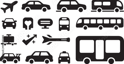 Black Travel and Transportation Icons on White Background

