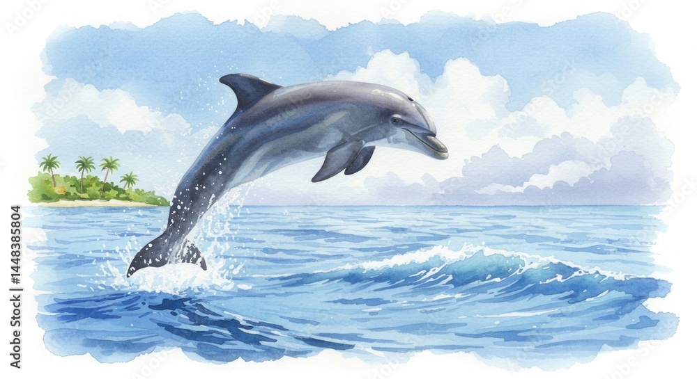 Naklejka premium Dolphin Leaping, Ocean Mammal Jumping in Tropical Waters; Happy Dolphin in Paradise, Aquatic Wildlife Marine Animal