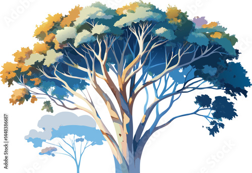 A watercolor depiction of a Snow Gum Tree (Eucalyptus pauciflora), with white bark and bluish foliage, isolated on a white background.