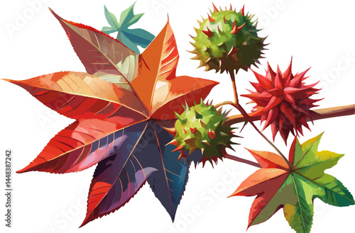 A watercolor depiction of a Sweetgum Tree (Liquidambar styraciflua), with star-shaped leaves and spiky seed pods, isolated on a white background.