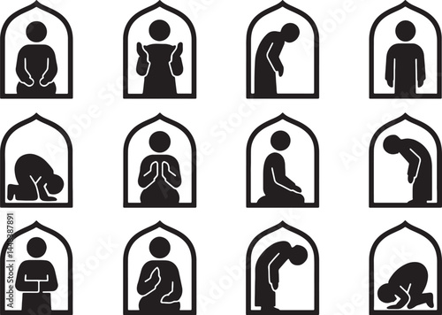 Set of black Islamic prayer icons showing all major salah postures inside mosque arch frames.