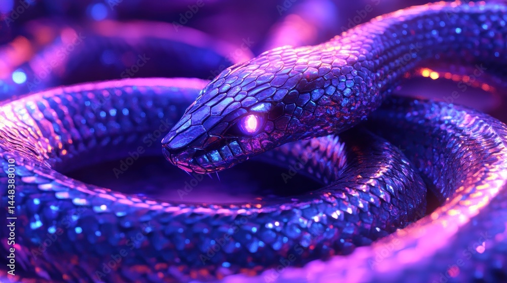 Fototapeta premium A mesmerizing, iridescent snake coils in vibrant neon light. Close-up details reveal a textured, glittering skin