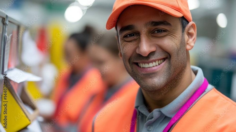 Fototapeta premium A smiling man wearing an orange hat and safety vest