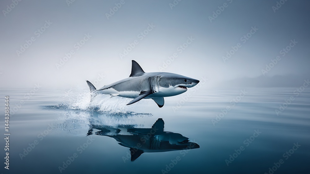 Great white shark leaping out of the water with a serene reflection below Great white shark leaping out of the water with a serene reflection below