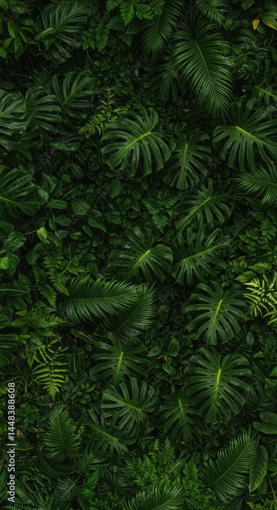 Fototapeta premium Lush Green Tropical Leaves Background: Monstera Deliciosa and Fern Texture